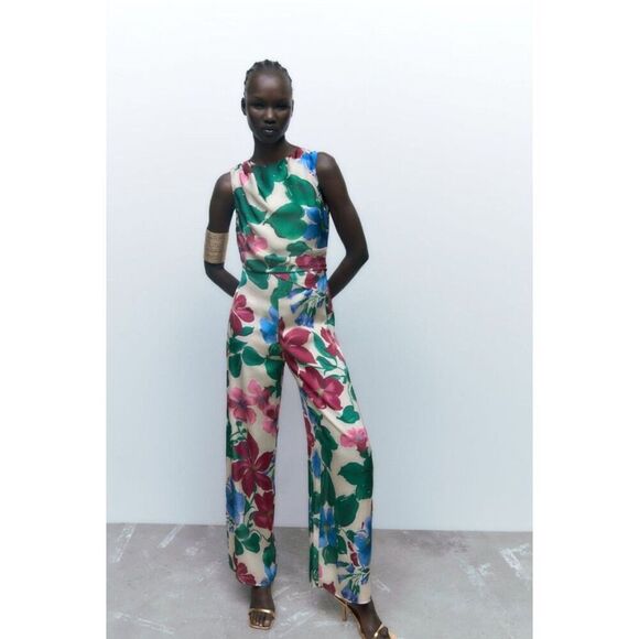 Multicolor Floral Print Zara Drape Neck Sleeveless One-Piece Pant Jumpsuit (NWT) - Picture 1 of 5